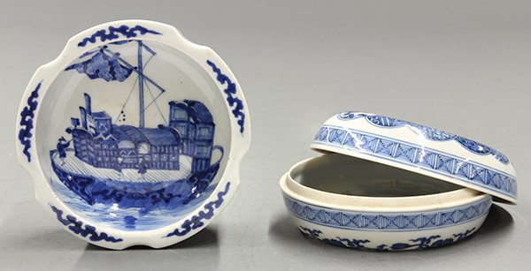 Japanese Imari Porcelain Circular Box and Shaped Bowl: (lot of 2) Japanese blue-and-white Imari porcelain: a circular box, late Edo period, the lid decorated with pine, bamboo and plum blossoms in circular reserves, the interior of the lid decorated with 