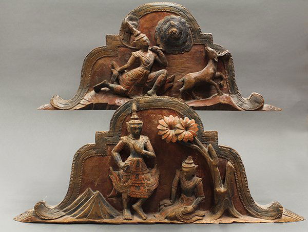 Two Thai Carved Wood Panels: (lot of 2) Thai polychromed architectural wood panels, one high relief carved with a figure chasing a deer; the other with two figures with one seated under a tree, 34.25"w