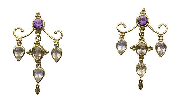 Purple sapphire moonstone white zircon yellow gold earr: Pair of purple sapphire, white zircon and moonstone chandelier style earrings bezel set with round cut purple sapphires weighing in total 1.80 ct., pear shaped moonstones, pear shaped and oval white z