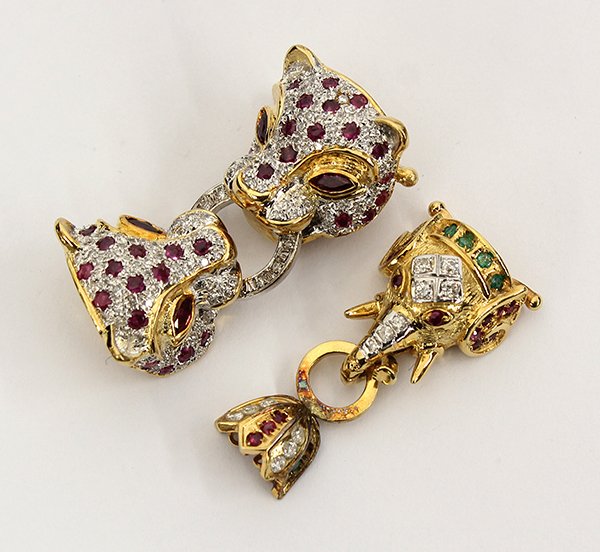 Emerald, ruby and sapphire elephant clasp and ruby and: (lot of 2) Emerald, ruby and sapphire elephant clasp and ruby and diamond panther head clasp elephant clasp featuring round cut emeralds, rubies and sapphires, full cut and single cut diamonds mounted