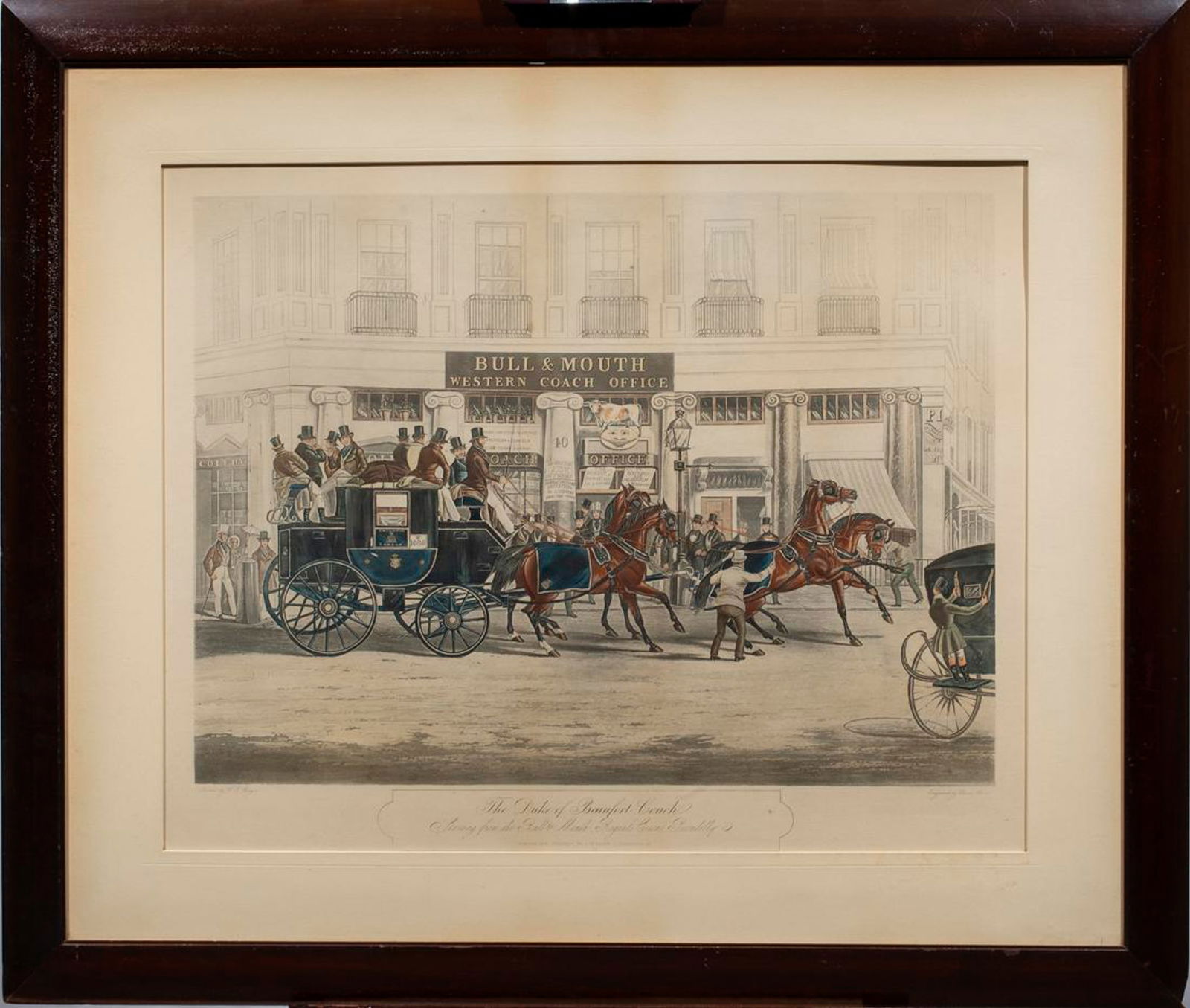 Print, Charles Hunt after William Shayer: Charles Hunt (British, 1829-1900) after William Shayer (British, 1787-1879), "The Duke of Beaufort Coach," handcolored engraving, overall (with frame): 30"h x 36"w NOTE: THIS ITEM IS IN LOS ANGELES.