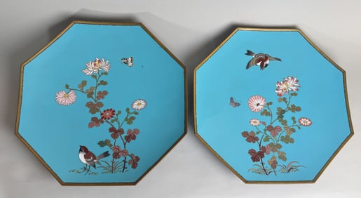 Pair Japanese Cloisonne Hexagonal Shaped Chargers, Meiji Period