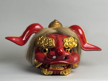 Japanese Carved Wood Foolion Head