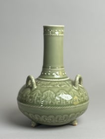 Chinese Celadon Porcelain Tripot Vase with Rope Design Handles