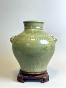 Chinese Celadon Porcelain Vase with Incised Fish Scene