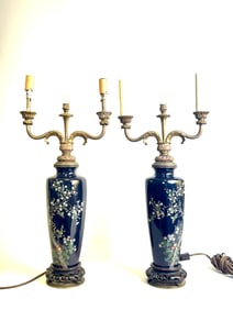 Pair Japanese Cloisonne Candelabra Style Lamps, Meiji Period