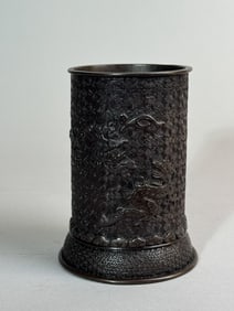 Japanese Bronze Brush Pot with Stylised Dragon Motif, Meiji Period