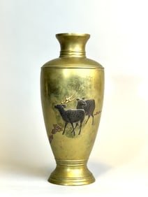 Japanese Mixed Metal Bronze Vase with Stag Scene, Meiji Period