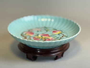 Chinese Turquoise Ground Lobbed Porcelain Dish with Peaches