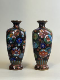 Pair Japanese Meiji Cloisonne Vases with Dense Wire Design, Meiji Period