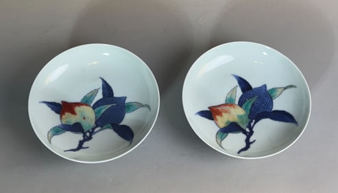 Pair Japanese Nabeshima Porcelain Bowl with Peach Motif, Meiji Period