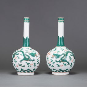 A Pair of Green Enameled 'Dragon' Bottle Vases, Qianlong Mark