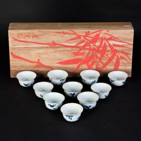 Ten Blue and White Porcelain Cups