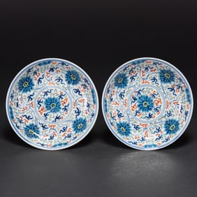 A Pair of Blue and White and Doucai 'Lotus' Dishes, Qianlong Mark