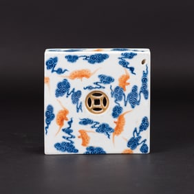 A Blue and White and Iron Red 'Bat' Paper Weight, Qianlong Mark