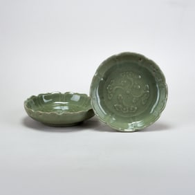 A Pair of Chinese Lobed Longquan Celadon Glazed Dishes