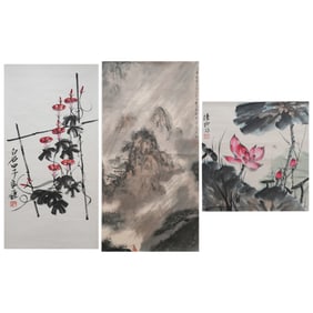 Qi Liangchi, After Fu Baoshi and Lu Yifei, Three Chinese Scroll Paintings