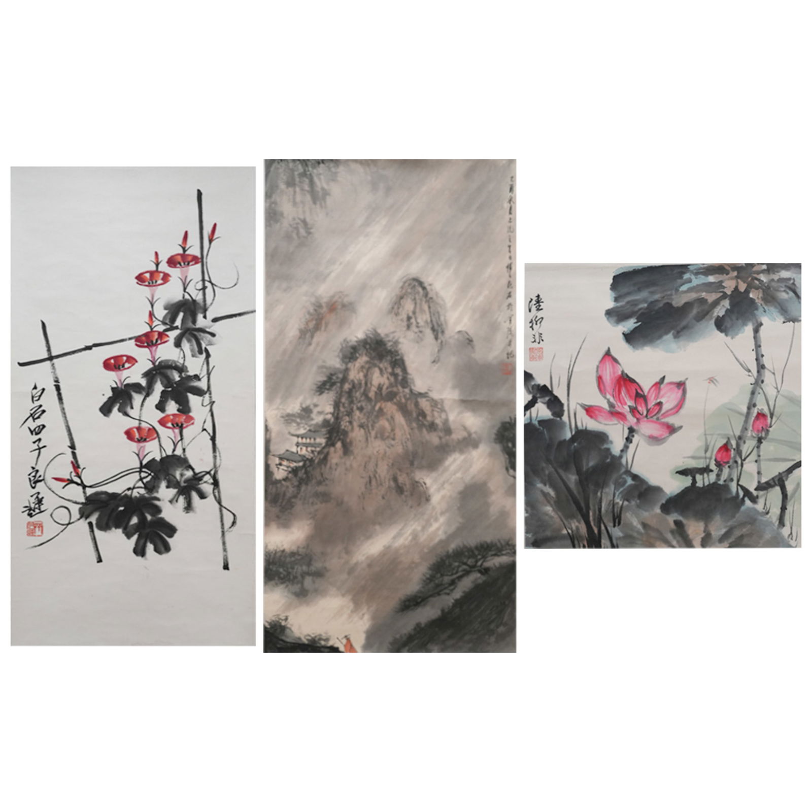 Qi Liangchi, After Fu Baoshi and Lu Yifei, Three Chinese Scroll Paintings: (lot of 3) Qi Liangchi, After Fu Baoshi and Lu Yifei, Chinese scroll paintings. Ink and color on paper, mounted as hanging scroll. 35.43"h x 19.69"w (90 x 50 cm) 37.4"h x 17.72"w (95 x 45 cm) 19.29"h