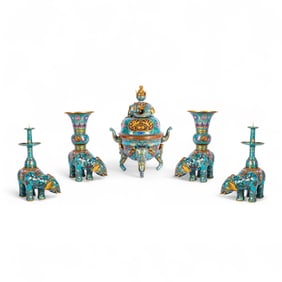 Chinese Elephant-Form Cloisonne-Enamel Five-Piece Garniture, 19th Century