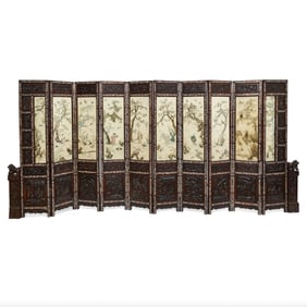 Ten-Panel Canton Embroidery and Mother of Pearl Embellished Floor Screen, 19th Century