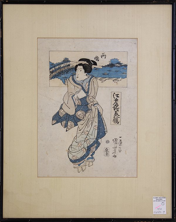 Two Japanese Woodblock Prints Kuniyoshi and Gigado Ashi: (lot of 2) Utagawa Kuniyoshi (Japanese, 1798-1861), "Famous Views of Edo Mirrored by beautiful Women: Ryogoku", woodblock print, center/lower right with title, signature and seals; Gigado Ashiyuki (Ja