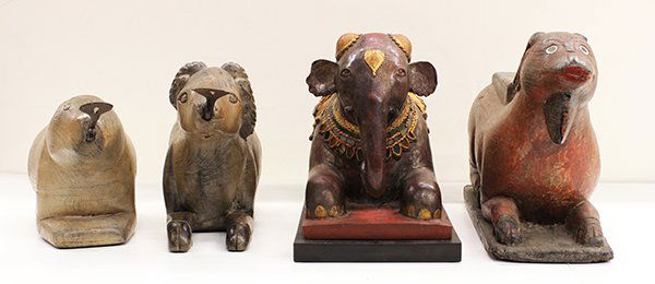 Thai Coconut Graters/Burmese Wooden Steps: (lot of 4) Group of Thai/Burmese coconut graters and wood steps, including a 18th century Burmese gilt lacquered step in the form of an elephant, another of a polychromed ram with a rectangular plinth