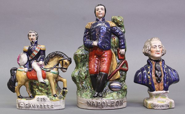 Bust of Washington, Napoleon and Sir Campbell: (lot of 3) Staffordshire style porcelain figural groups consisting of a bust of George Washington, Napoleon standing against a naturalistic setting, and Sir Campbell riding horseback, tallest: 12"h