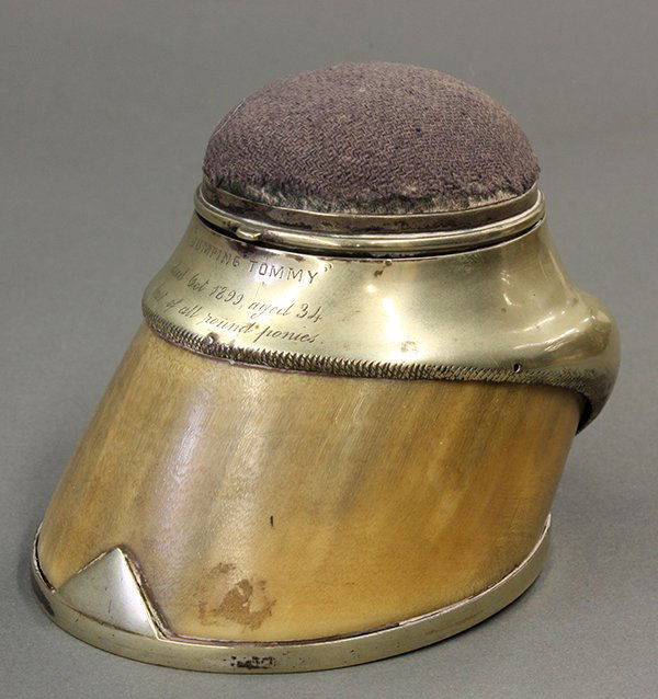Victorian pin cushion and dip pens: (lot of 4) Victorian pin cushion, the horse hoof with silverplate mounts, and inscribed "Jumping Tommy Died Oct. 1899, aged 34 best of all round ponies" surmounted by a blue velvet pin cushion, 4.5"h