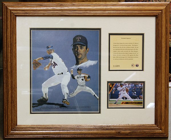 Collection of framed prints with sports cards: (lot of 12) Collection of framed prints with sports cards of baseball icons including Stan Musial, Rickey Henderson, Matt Williams, Barry Bonds, Mark McGwire, Joe DiMaggio, Babe Ruth, Noland Ryan, Den
