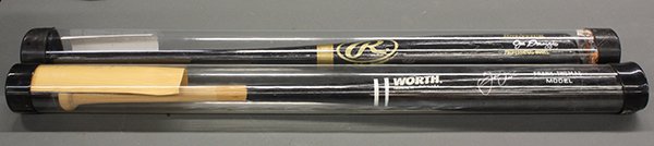 Autographed baseball bats: (lot of 2) Autographed Rawlings Adirondack and Worth baseball bats by Joe DiMaggio and Frank Thomas (with COAs)