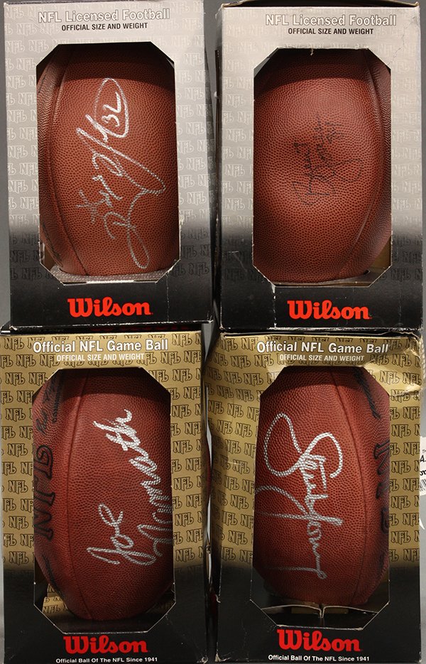 NFL autographed footballs: (lot of 4) NFL autographed footballs by Brent Jones, Ricky Watters, Joe Montana, and Steve Jones