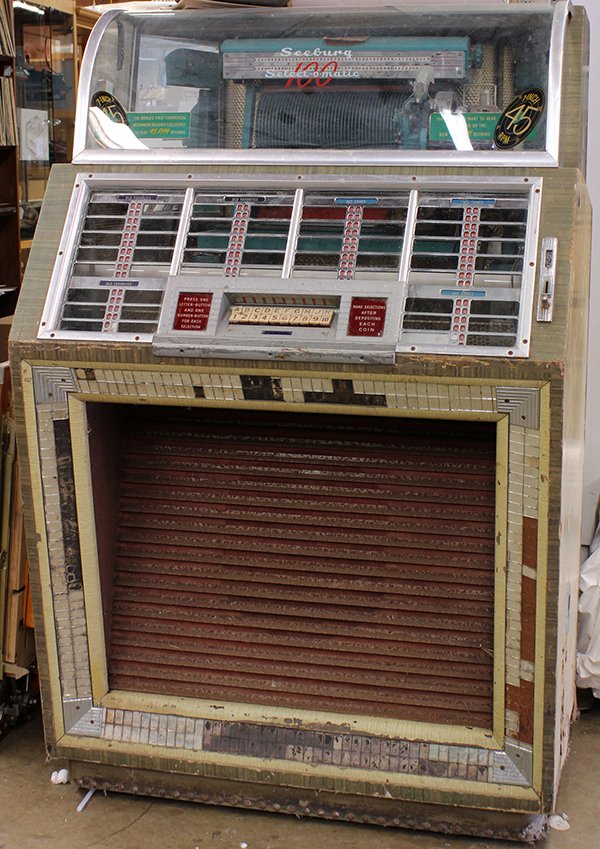 Seeburg Select O Matic 100 juke box: Seeburg Select O Matic 100 juke box, plays 45rpm records, (this model was the first in a series that played 45's) Provenance: Property from the Estate of Frank N. and Frances D. Alioto, San Francisco,