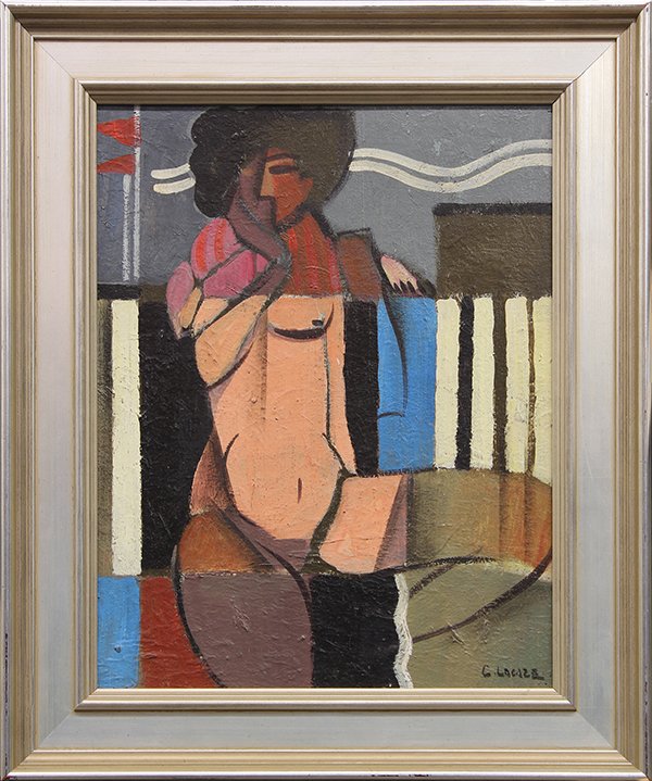 Painting by Claude Lecaze: Claude Lecaze (French, b.1938), "Nu Moderne," circa 1950s, oil on panel, signed lower right, title label affixed verso, overall (with frame): 20.75"h x 17.25"w