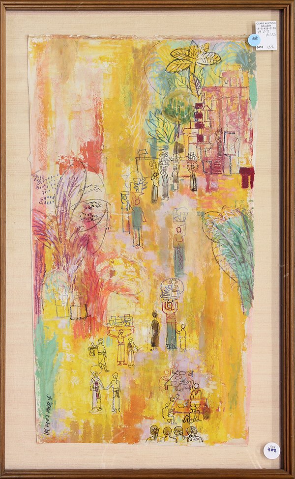 Balinese School, Street Scene with Villagers, mixed med: Balinese School (20th century), Street Scene with Villagers, mixed media on paper, signed indistinctly lower left, overall (with frame): 29"h x 18"w