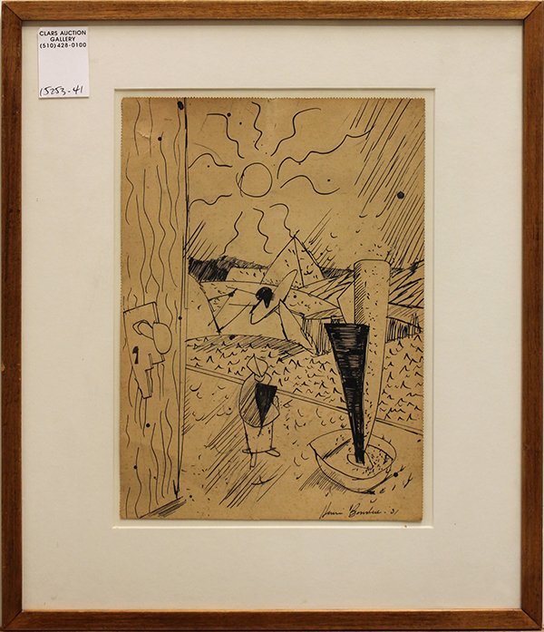 French School (20th century), Untitled, 1931, ink drawi: French School (20th century), Untitled, 1931, ink drawing, signed "Henri Boudue(?) 1931" lower right, sight: 10.625"h x 7.625"w, overall: 15.875'h x 13.625"w. Provenance: Charles Campbell Gallery (San