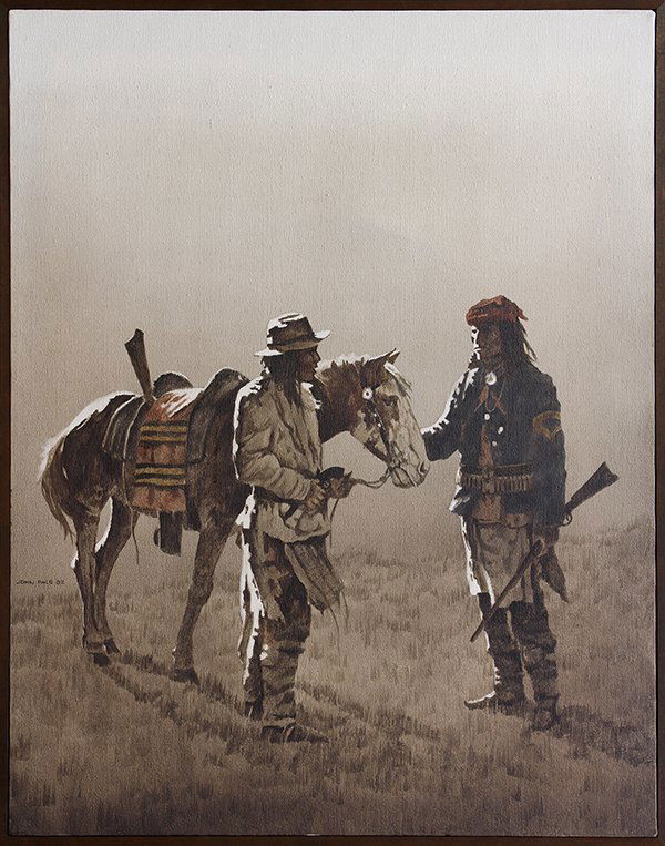 John Pace, Talking on the Trail, painting: John Pace (Californian, 1930-2006), Talking on the Trail, 1982, oil on canvas, signed and dated left center, overall (with frame): 29"h x 23"w