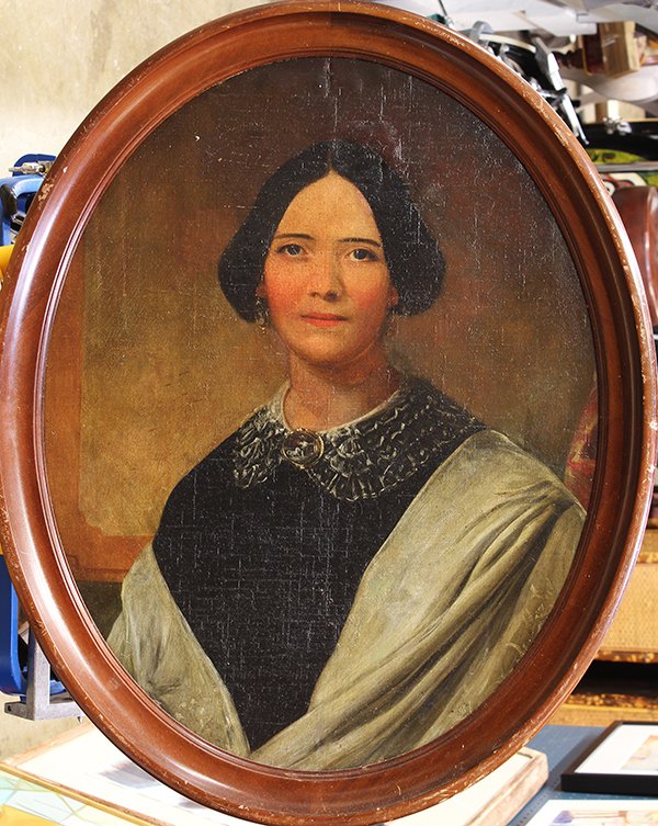 Portrait of a Woman, oil on canvas, 19th c.: Continental School (19th century), Portrait of a Woman, oil on canvas, unsigned, overall (oval with frame): 31.5"h x 21.5"w