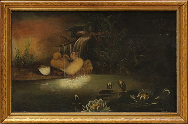 Mabel E. Price, Ducklings by a Pond, painting: Mabel E. Price (Californian, 19th/20th century), Ducklings by a Pond, 1892, oil on canvas, signed and dated lower right, canvas: 20"h x 30"w, overall: 23.5'h x 34"w