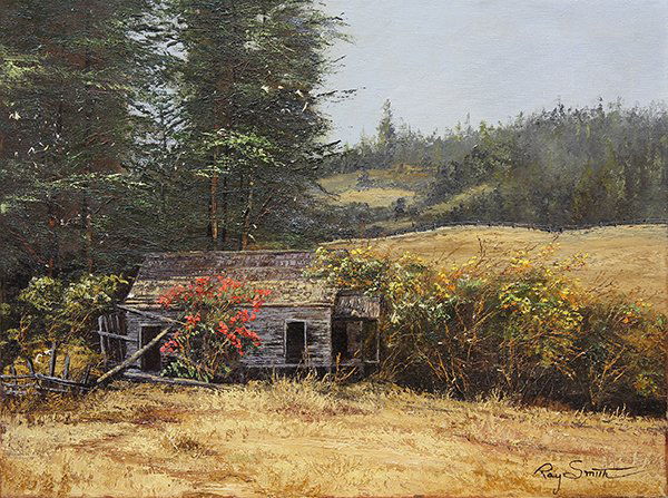 Ray Smith, Landscape with Farm, painting: Ray Smith, Landscape with Farm, oil on canvas, signed lower right, 20th century, overall (unframed): 18"h x 24"w