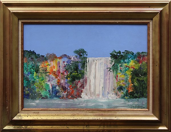 Horago Sosa Cordero, Costados del Iguazu, painting: Horago Sosa Cordero (Argentinian, 20th century), "Costados del Iguazu," 1981, oil on canvas, signed lower right, signed and dated verso, title label affixed verso, overall: 23"h x 29.5"w