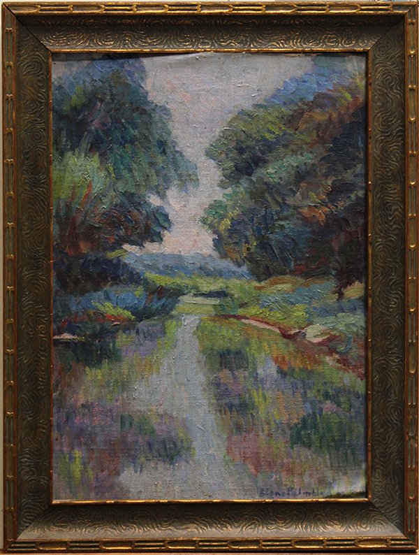 Painting, Mrs Signe Palmbald, Forest Landscape: Framed oil on canvas board, Forest Landscape, by Mrs Signe Palmbald (American, 20th century), signed lower right, artist label verso, overall: 16.75"h x 12.75"w