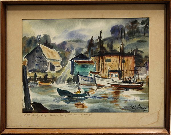 Painting, Ted Lewy, Little Busy Noyo Harbor: Framed watercolor on paper, "Little Busy Noyo Harbor (Mendocino County), by Ted Lewy (Californian, 1912 - 1963), signed lower right, titled lower left, overall: 15"h x 18.75"w