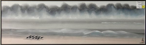 Watercolors, Mallards in Flight and Pipers on the Beach: (lot of 2) Tai To Poon (Chinese), Mallards in Flight and Pipers on the Beach, watercolor on silk, Lower right with artist signature and seal, 20th century, largest overall (with frame): 20.25"h x 36.2