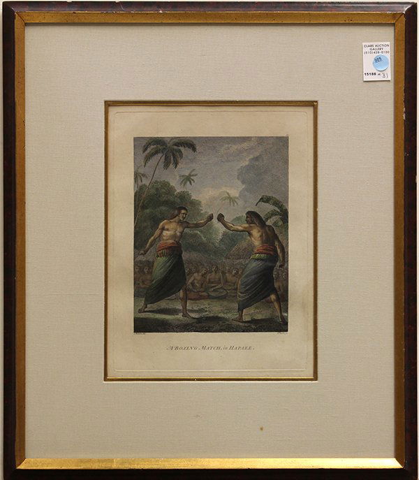 Print, John Webber, "A Boxing Match Hapaee": John Webber (British, 1750-1793) "A Boxing Match Hapaee," (Tonga), c. 1781, hand-colored engraving, overall: 22.25"h x 19.25"w