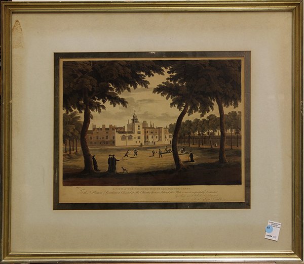 Print, Robert Havell Jr., Charter House: Robert Havell Jr. (American/British, 1793-1878), "A View of the Charter House Taken from the Green," 1813, hand-colored engraving after a painting by T. Ward, overall: 26"h x 29.75"w
