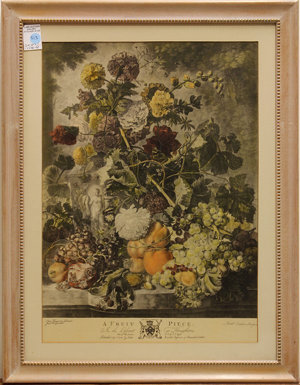 Prints, Joseph Farington, A Fruit Piece and A Flower P: (lot of 2) Framed botanical mezzotints, "A Fruit Piece" and "A Flower Piece", by Joseph Farington, After Jan Van Huysum, originally published 1778 (London), 20th century reprints, overall (each): 26.5