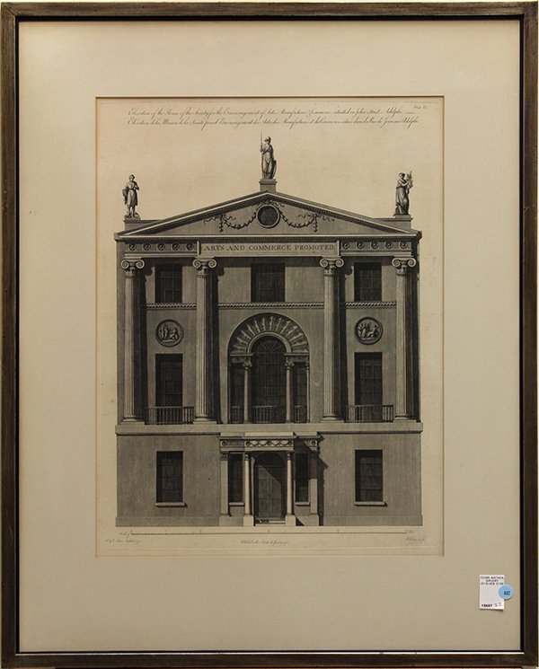 (lot of 2) Prints, Thomas Vivares and Jn. Roberts, R. A: (lot of 2) Thomas Vivares (British, 1735), "Arts and Commerce Promoted," published as the Act directs, January 1775, after R. & J. Adam, architect, 1772, and "Elevation of the House of Sir Watkin Will