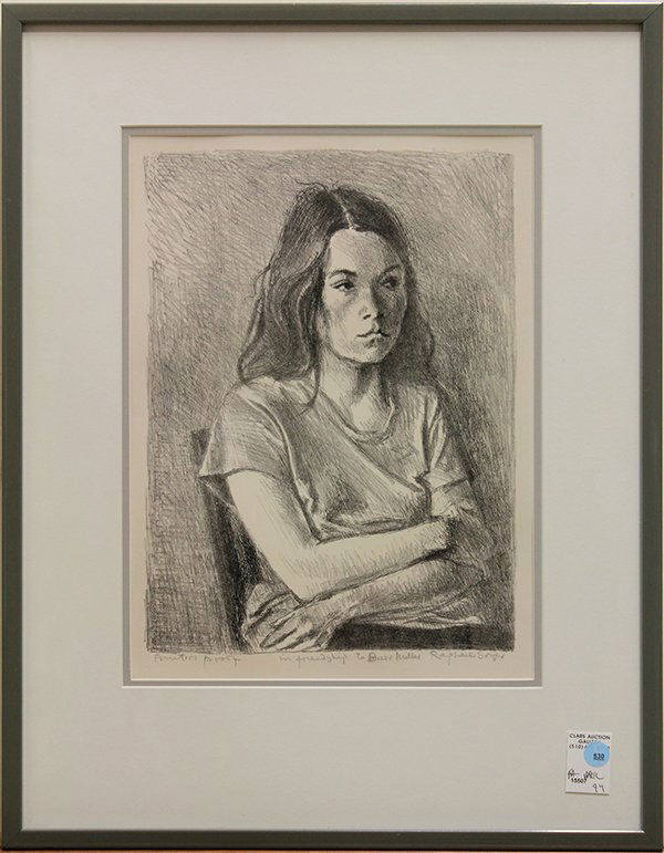 Print, Raphael Soyer, Young Woman: Raphael Soyer (American, 1899-1987), Young Woman, lithograph, printer's proof, signed in pencil lower right, dedicated "in friendship" center, overall (framed): 24.5"h x 19"w