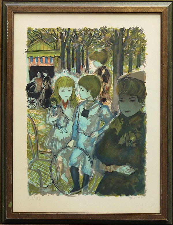 Emilio Grau Sala, Figures in the Park, color lithograph: Emilio Grau Sala (Spanish, 1911-1975), Figures in the Park, color lithograph, signed lower right, edition 126/180, overall (with frame): 28"h x 22"w