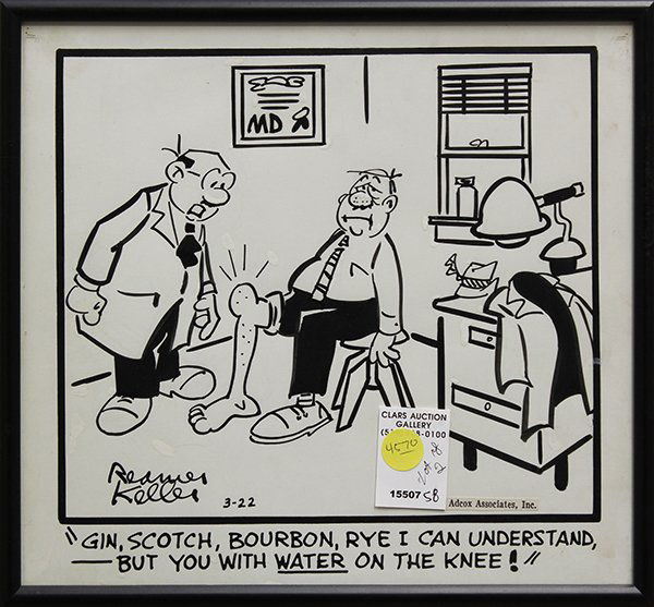 Cartoons, Reamer Keller, Chapped Hips: Pair of framed original ink drawn cartoons, Chapped Hips and Water on the Knee, by Reamer Keller (American, 20th century), each signed lower left, overall: 11"h x 11.5"w